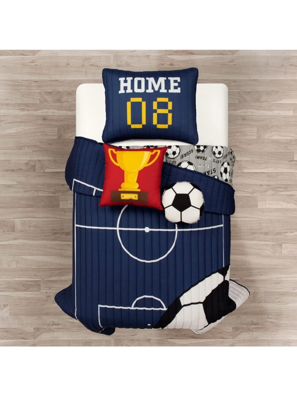 Reversible Twin Soccer Quilt Set - 4 Piece Toddler Bedding - Navy & Gray Sports